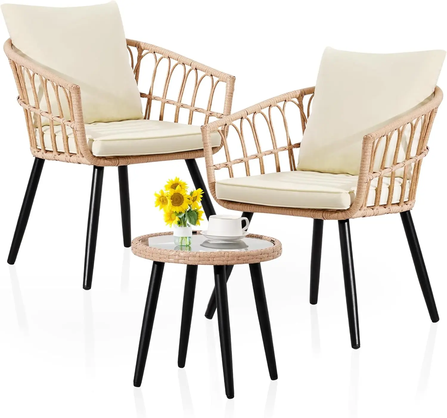 3 Delige Buitenterras Bistro Set, Rieten Tafel En Stoelen Set Van 2, All-Weather Rotan Balkon Meubelen Set Voor Patio Front