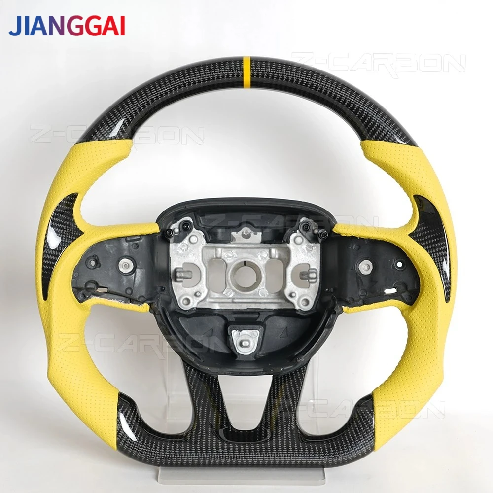 Real Carbon Fiber Perforated Leather Steering Wheel D-shaped Flat-bottom Yellow Center Line For Dodge Challenger 2015-2020