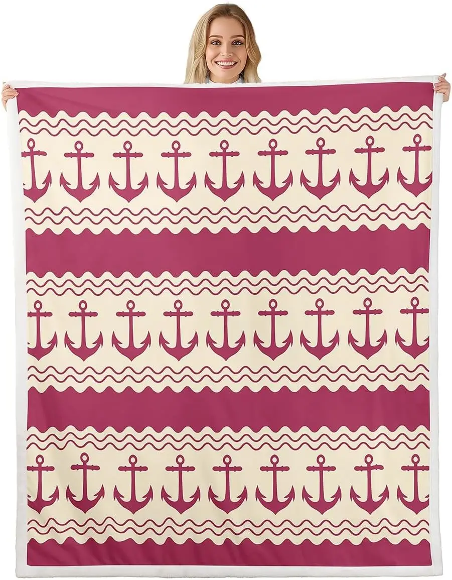 Anchor blanket nautical design red and cream pattern soft throw beach decor bedroom textile maritime accessory