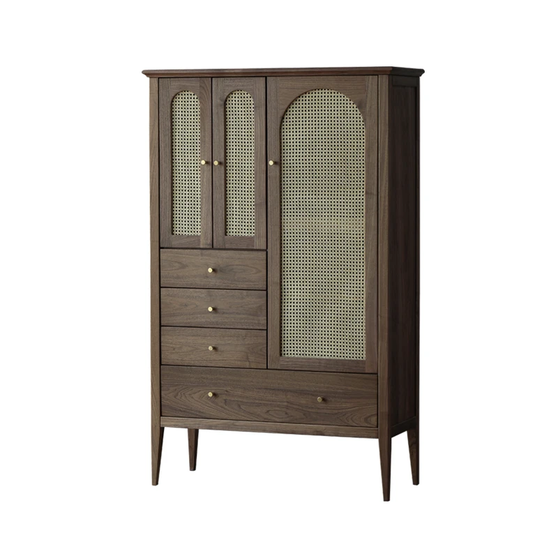 

Solid Wood Wardrobe Black Walnut Rattan Vintage Locker Log Simple Bedroom Storage Cabinet