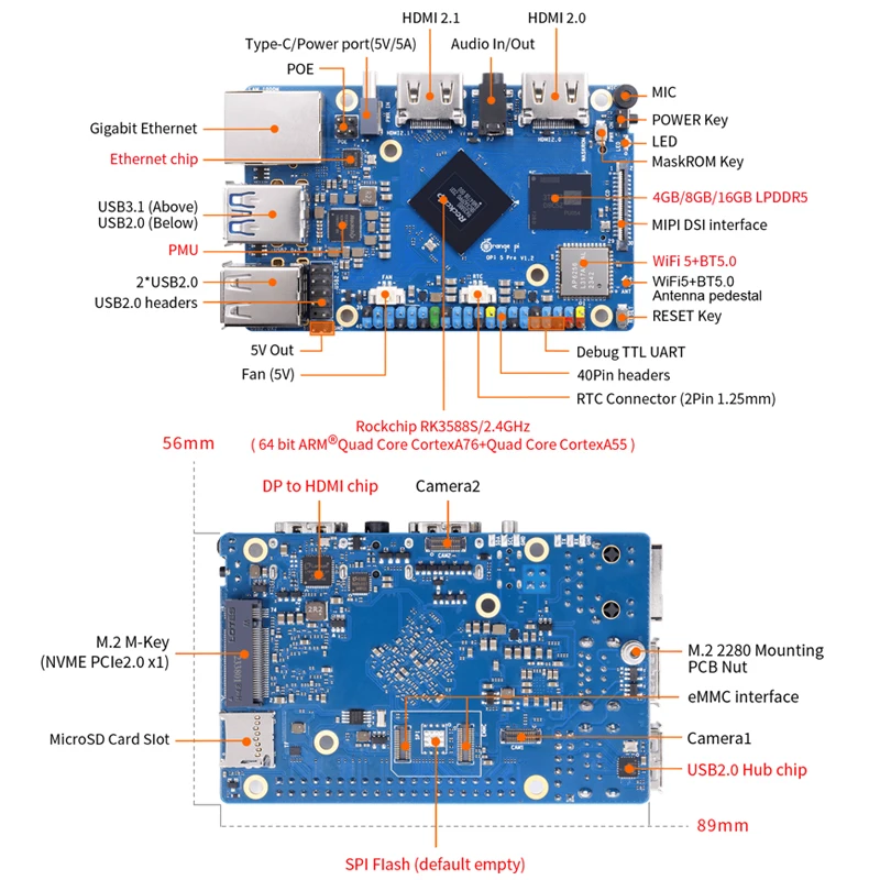 Imagem -06 - Orange pi Pro Placa de Desenvolvimento Computador Único Mini pc Rockchip Rk3588s 16gb Ram Gigabit Ethernet Ddr5 Wifi bt Ble Sbc