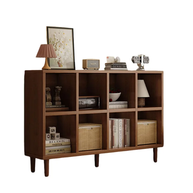 Solid wood bookshelf Floor-to-ceiling shelf Walnut lattice cabinet Living room storage locker Wall low cabinet Bay window bookca
