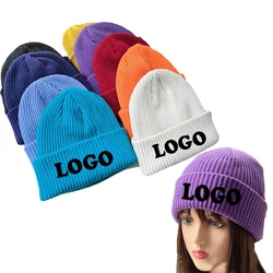 Custom Knit Beanies Autumn and Winter Solid Elastic Color Striped Knitted Beanie Skull Hat Embroidery Hats With Custom Logo