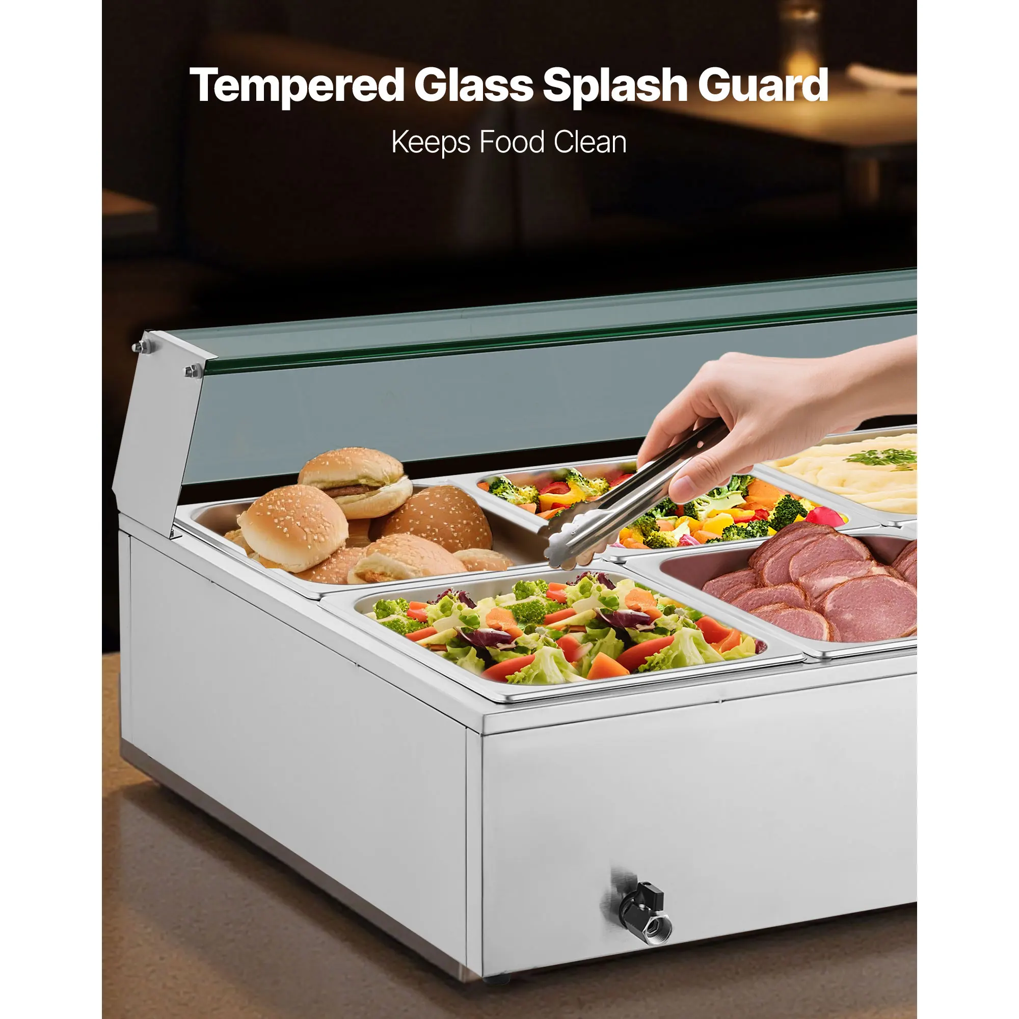 SucceBuy 10-Pan Commercial Food Warmer Electric Stainless Steel Steam Food Warmer with Glass Cover for Catering, Restaurant