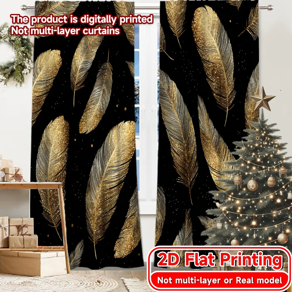2D Flat Printing,2pcs Golden2026Cheers Popular Window Curtain 100% Polyester Curtains Room Decor Perfect for Semi-Transparent