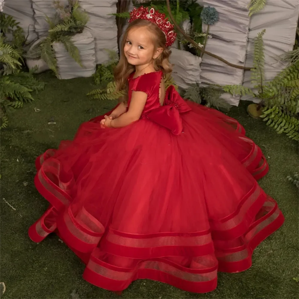 Vestidos de niña de flores rojas para boda, terciopelo, lazo grande, Perla hinchada, longitud hasta el suelo, Princesa, fiesta de cumpleaños, primera comunión, vestido de baile