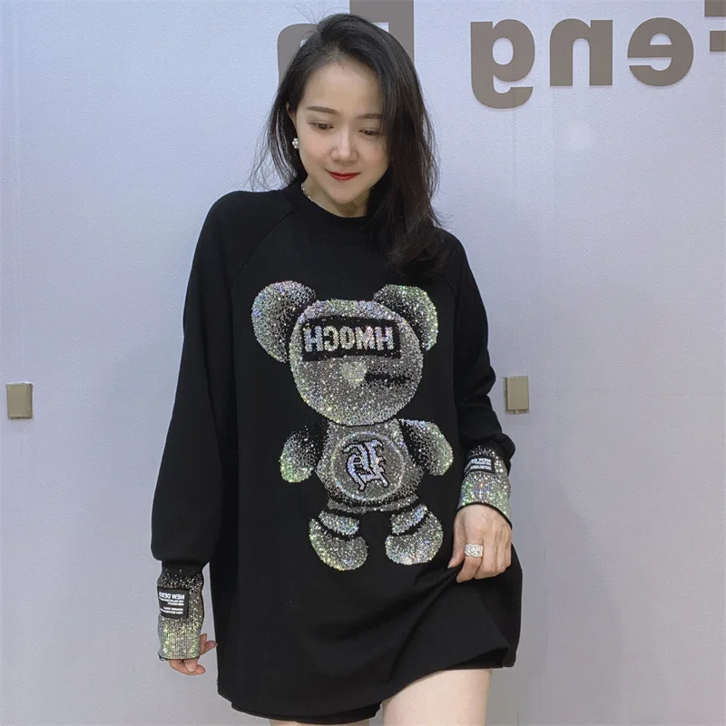 Women Cartoon Bear Hot Diamond T-shirt Loose Long Sleeved Oversized Top T-shirt Thickened Street Harajuku o-Neck T-shirt