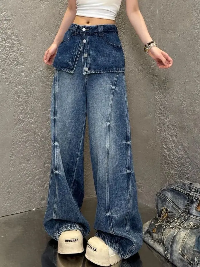 Fake Two Pieces of Design Sense Old Washed Wide-leg Jeans Women's Early Autumn New Loose Pants