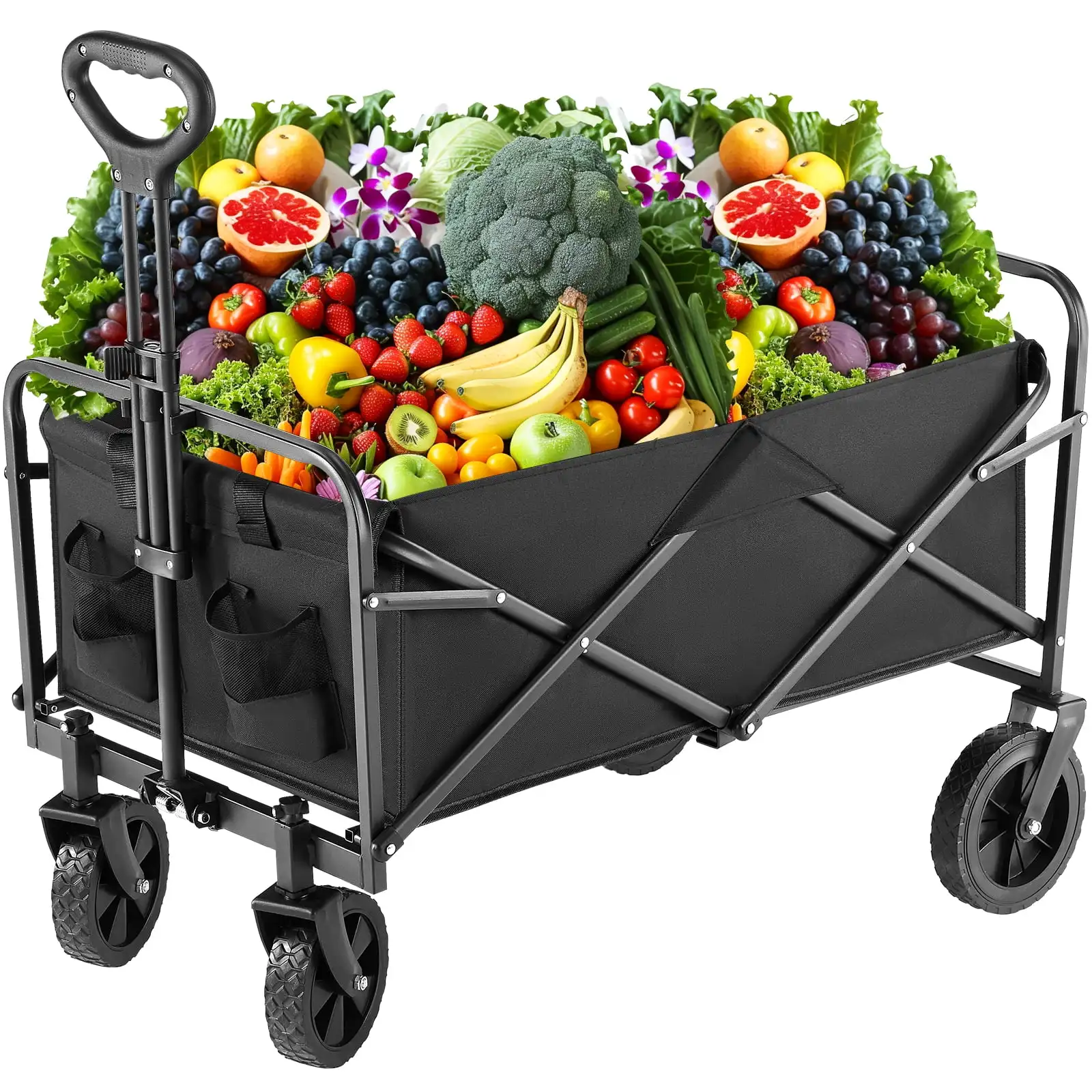 

Collapsible Folding Wagon Garden Cart Beach Wagon Grocery Wagon All-Terrain Wheels Garden Grocery Wagon Black