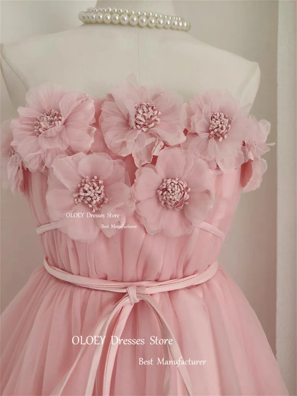 OLOEY-Vestido de Tule Sem Alças Feminino, Flores 3D, Mini Vestidos de Baile Rosa, Vestido de Festa de Casamento, Vestido de Verão, Personalizado