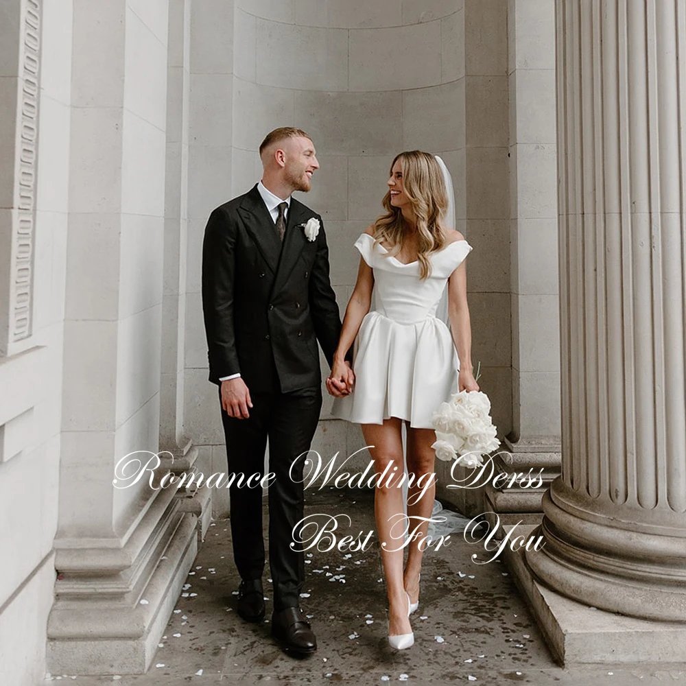 ชุดแต่งงานทรงเอไลน์แบบสั้นเปิดไหล่ ดีไซน์จีบสมัยใหม่ คอวี เปิดหลัง สำหรับผู้หญิง ปี 2025 ชุดเจ้าสาวแบบสั่งตัดได้