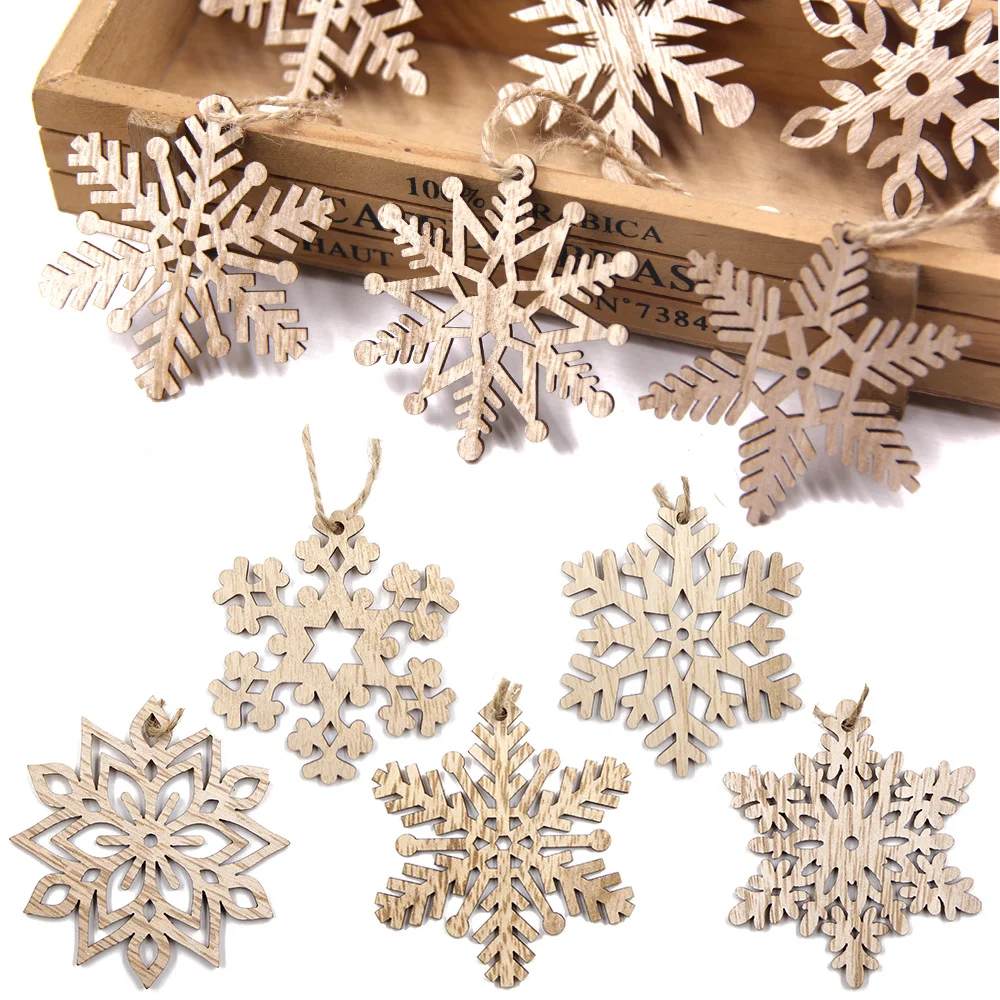 12PCS/Box Wooden Snowflake Crafts Vintage Pendants Xmas Hanging Ornaments for Noel Tree Decorations Kids DIY Painting Gifts
