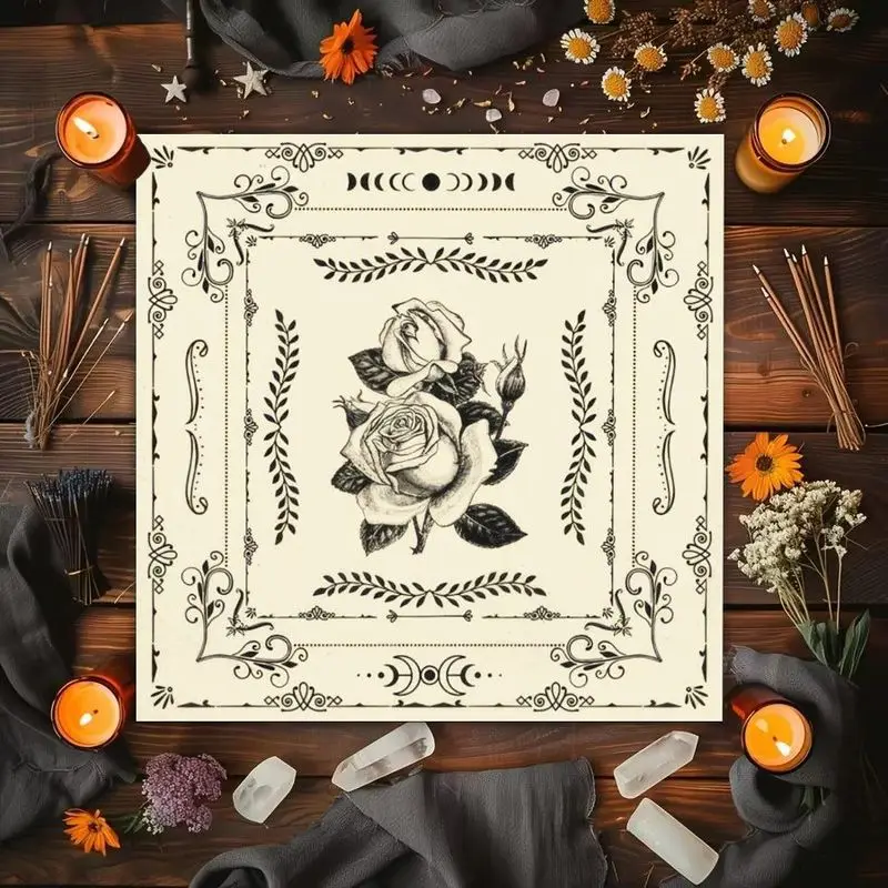VIKAMA Retro Rose Moon Tarot Card Tablecloth Mystical Divination Altar Cloth for Ritual Spiritual Decor for Divination