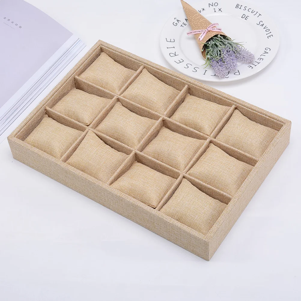Delicate Multi-lattice Watch Case Pillow Design Storage Tray Flannelette Watch Storage Box (Linen Color)