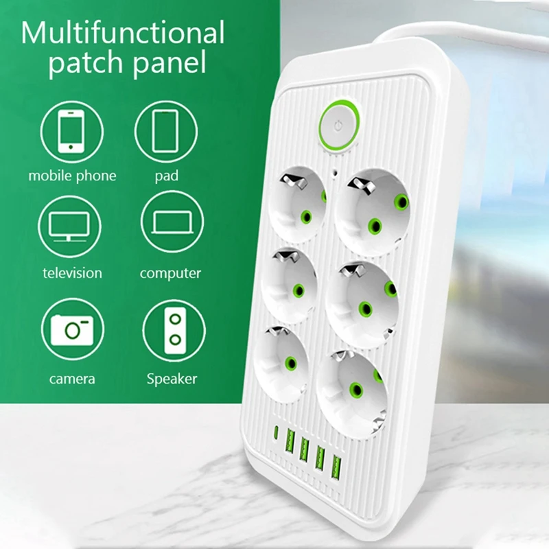 NEW-EU Multiprise 6AC Prises Prises Électriques Avec 4 USB 1 Type-C Filtre Réseau Charge Rapide EU Plug