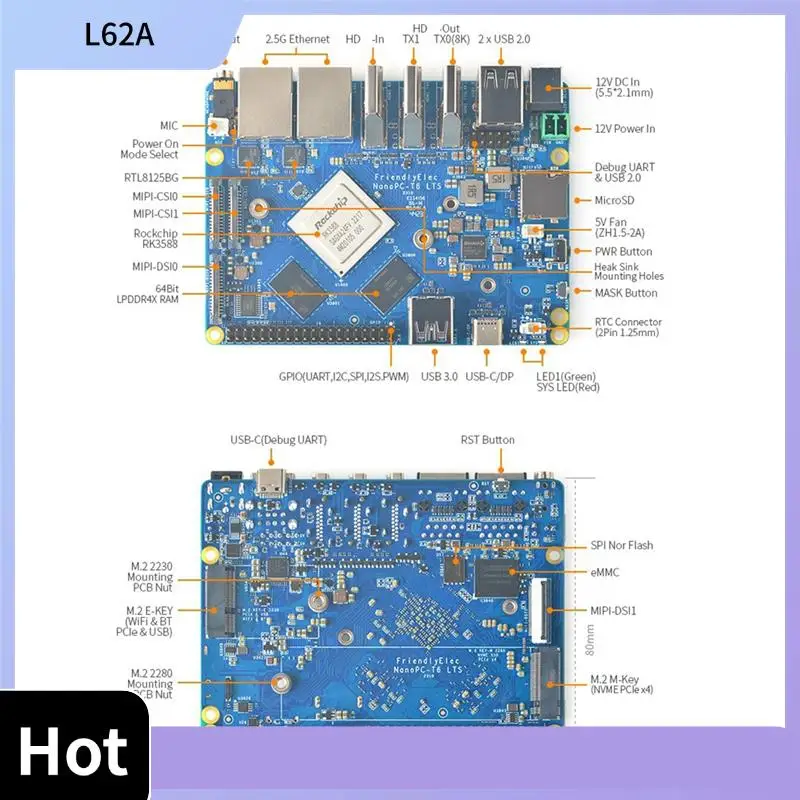 

L62A For Nanopc-T6 LTS & Combo 4G+32G EMMC Dual 2.5G Rockchip RK3588 2.5Gbps LAN,Openwrt Supports 4K Input 8K For Android 12