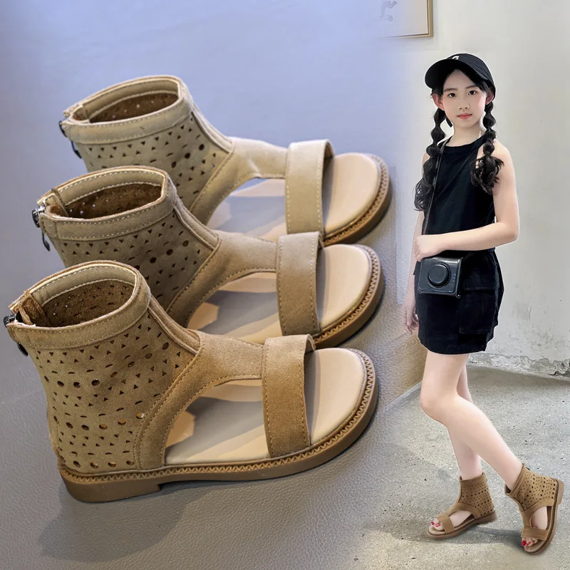 Suede Children's High-top Sandals Girls Hollow-out Open-toe Sandals Student Beach Shoes Kids Soft Sole Non-slip Casual Sandals