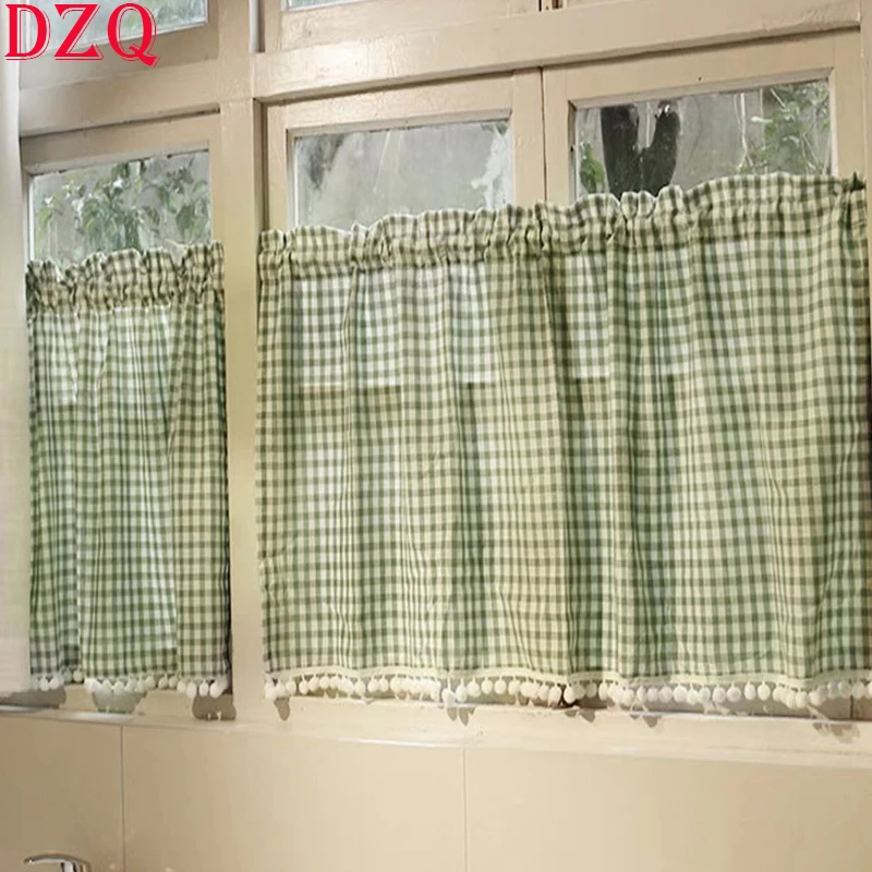 

Korean Green Plaid Short Curtains for Kitchen Japanese Lattice Half Curtain Living Room White Balls Coffee Valnace #A437