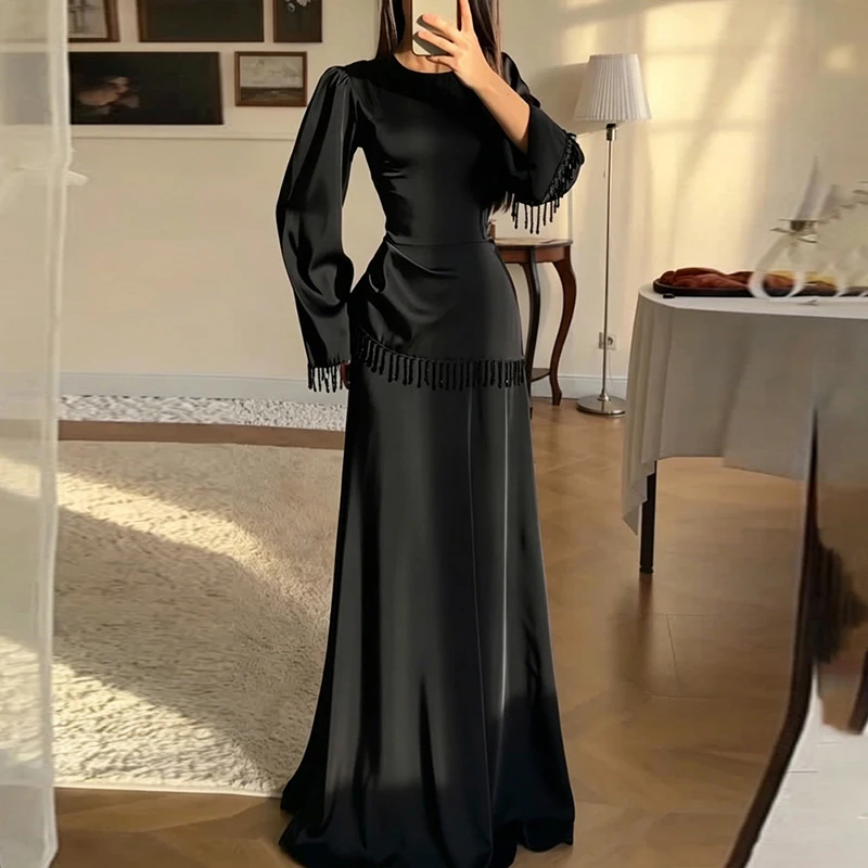 Simple Solid O Neck High Waist Robe Dress Elegant Women's Lace Up Party Dress Tassel Design Spliced Long Sleeved Commuting Dress
