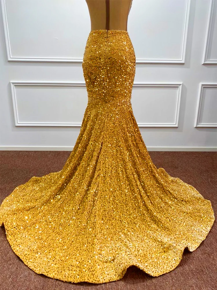 Sexy Gold Prom Dress Beading Gem Stones Bodice Illusion Sparking Sequins Gown Mermaid Floor-length Skirt Formal Party