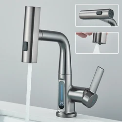 Rubinetto per lavabo con display digitale a temperatura a cascata Sollevare verso il basso Spruzzatore a flusso Miscelatore per lavabo acqua calda fredda Rubinetto per il bagno