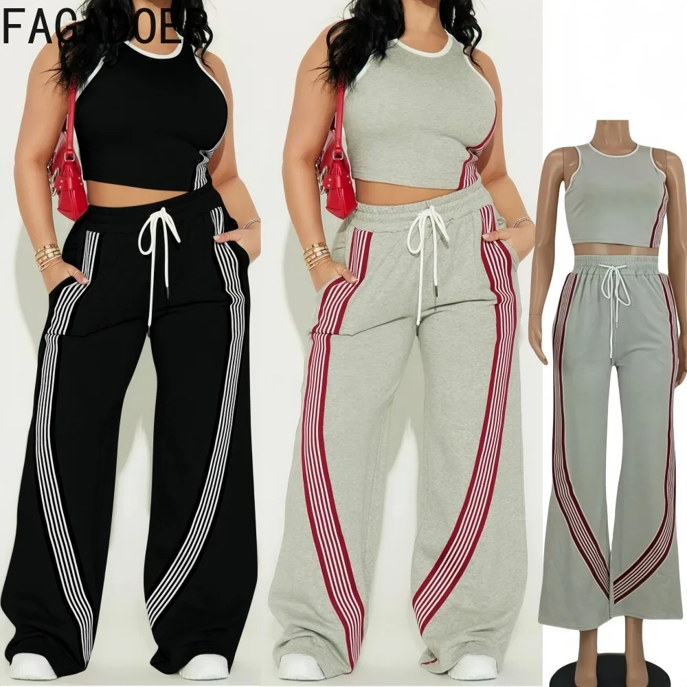 

FAGADOER повседневный спортивный женский комплект из 2 предметов, укороченный топ без рукавов в полоску в стиле пэчворк и брюки, спортивные костюмы, женская уличная одежда, новинка