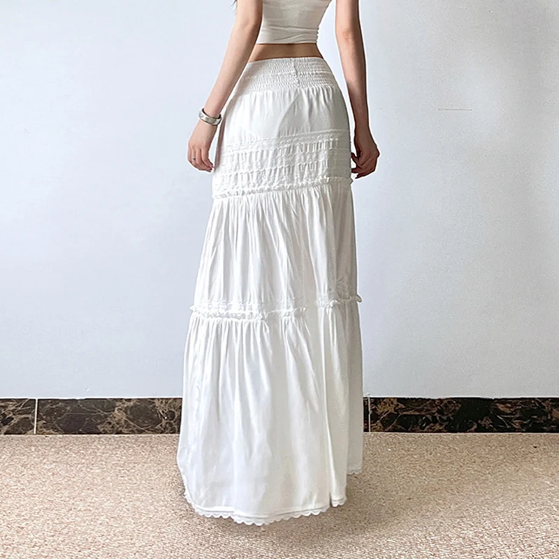 CIBBAR Elegant Lace Stitching Long Skirt Holiday Oversized Loose Low Rise White Floor-Length Skirts for Women y2k Fairycore Lady