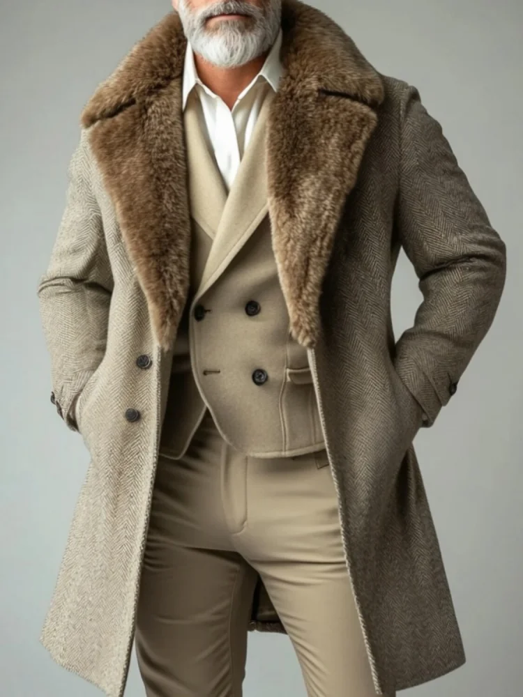 Men's British Style Woolen Coat Thick Warm Tweed Long Jacket with Plush Lapel for Winter