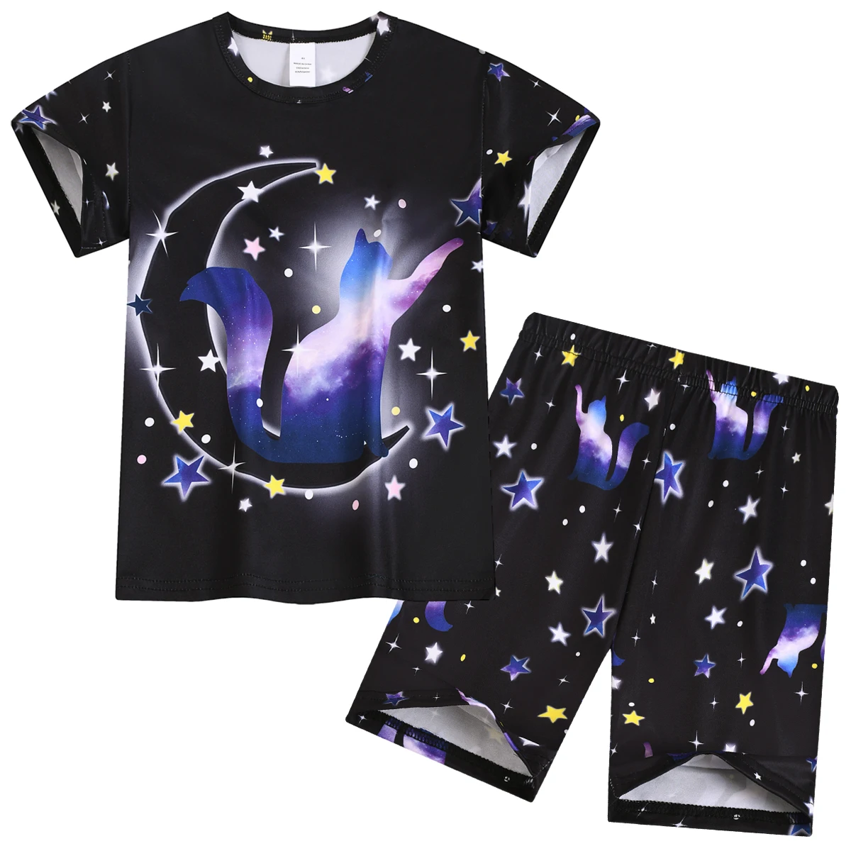 

1615 flame retardant Digital 3D Starry Sky Girls' short sleeve and Shorts home wear set, suitable for girls aged 3 to 8