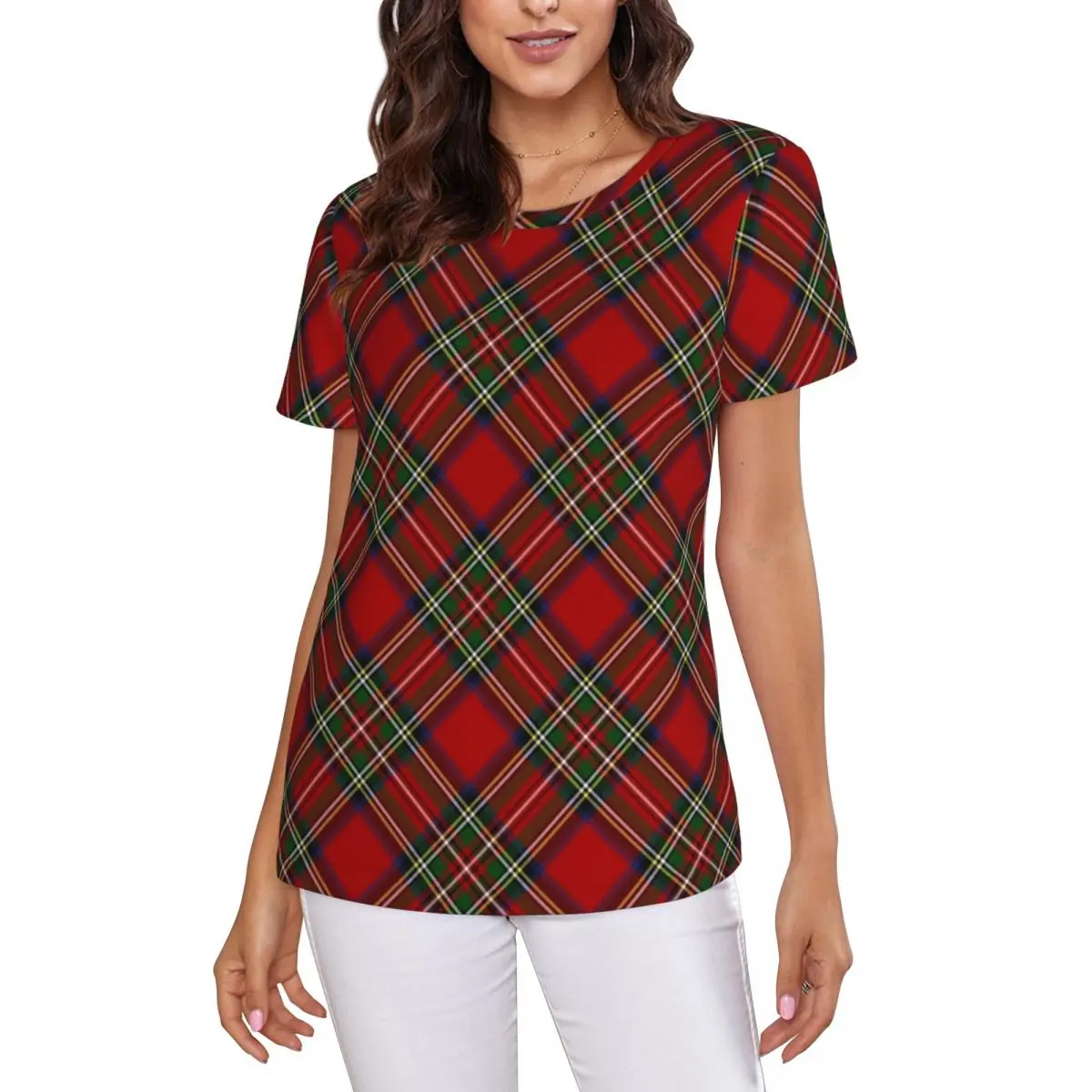 Royal Stewart Tartan Cross Plaid T-Shirt Women Short Sleeve T Shirts Crew Neck Clothing Cotton Summer Tees Streetwear