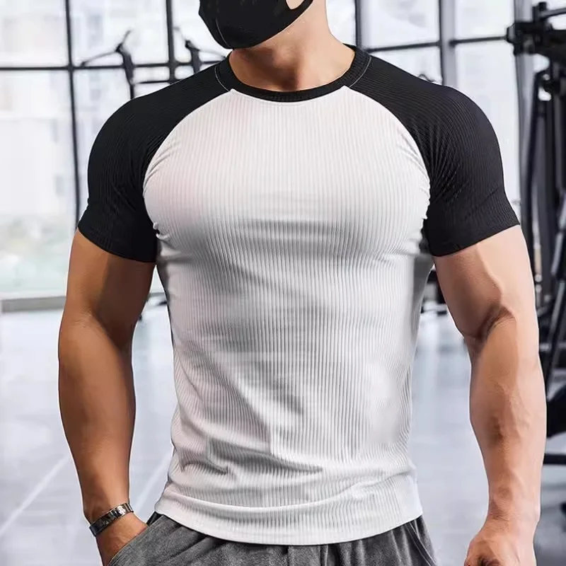 Sports tight short sleeve T-shirt men's basketball summer running striped splicing elastic fitness T-shirt Men training clothing