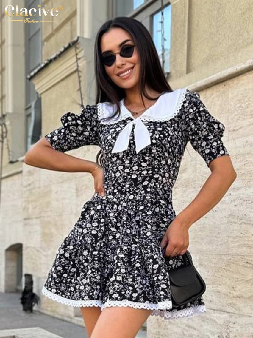 

Clacive Summer Slim Print Women's Dress 2026 Fashion Lapel Short Sleeve Mini Dresses Elegant Classic Patchwork Female Dress
