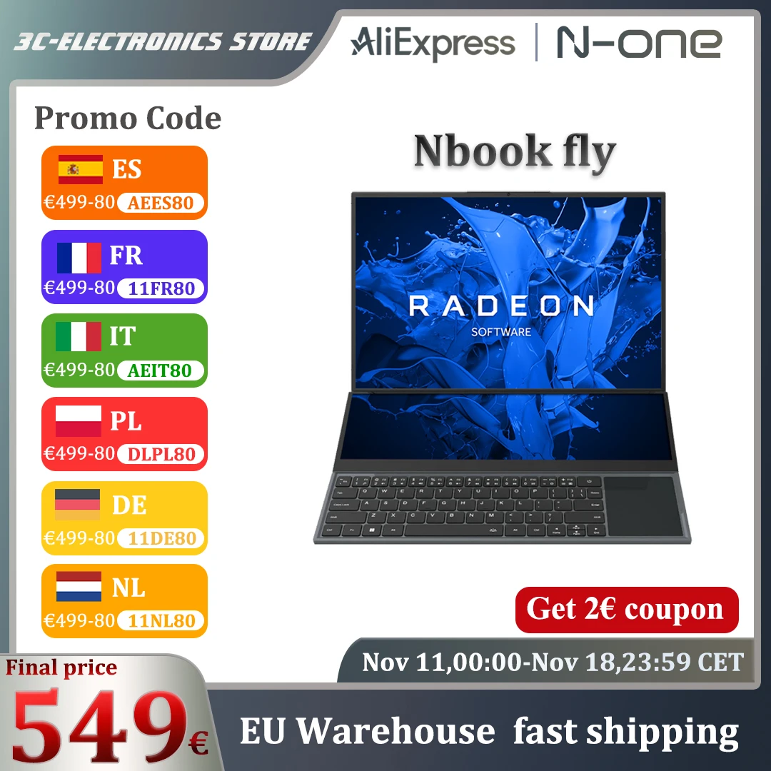 N-one Nbook Fly Laptops 16GB+1T Intel® Core™ i7-10850H Windows 11 Pro Double Screen 16''+14'' Touch pad Office Study Computer