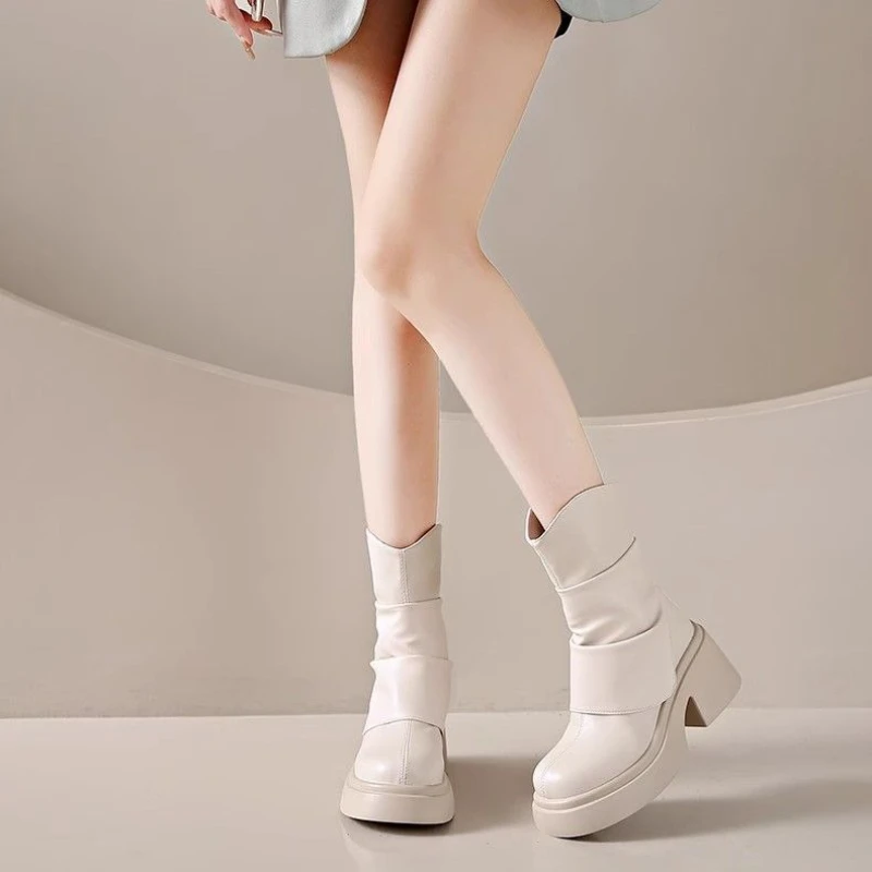 

Модные теплые туфли до середины икры на платформе 2025, женская удобная и элегантная обувь, распродажа, популярные полувысокие сапоги Y2k для женщин