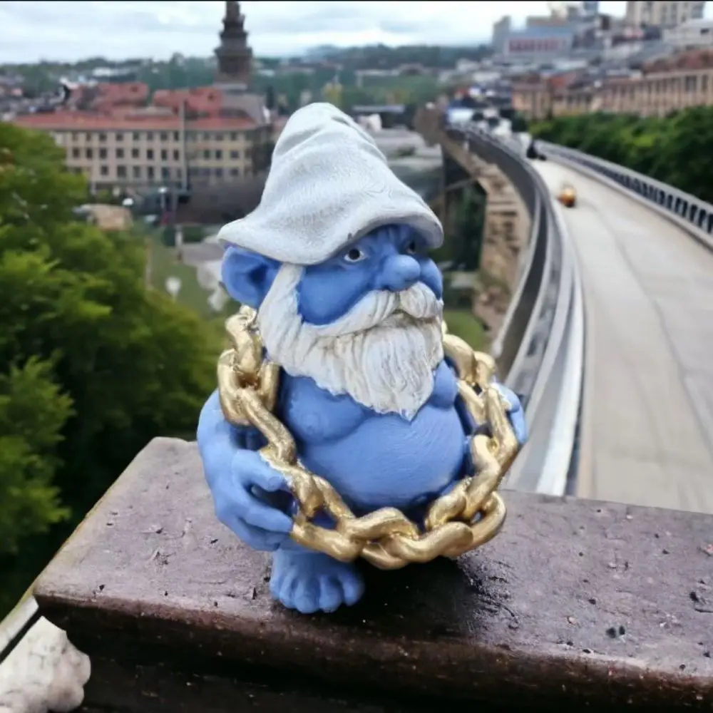 Gnome Gordo Azul com Corrente de Ouro Engraçado Resina Artesanato, Bonito Jardim Ornamento, Estátua Anão Decorativa, Sala de estar