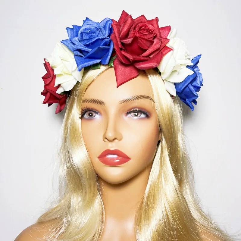 

Independence Day flag element headband, red, white and blue rose imitation flower hair accessories