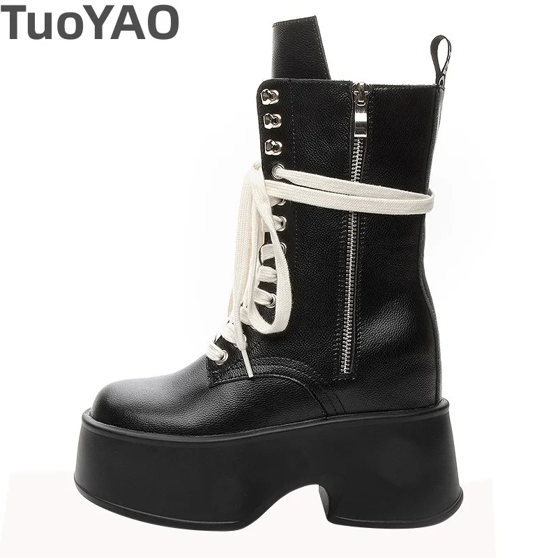 

11cm Genuine Leather NEW Women Boots Women Motorcycle Boots Ankle Punk Cowboy Platform Heel Wedge Chunky Booties Combat Boots