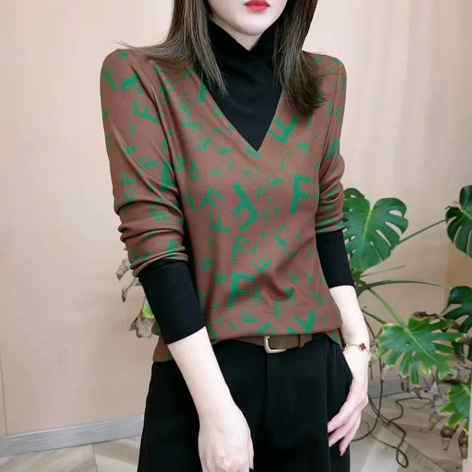 Women Clothing Autumn Winter New Fashion All-match Long Sleeve Turtleneck Warm Ladies Bottoming Shirt Trend Patchwork Top Tee