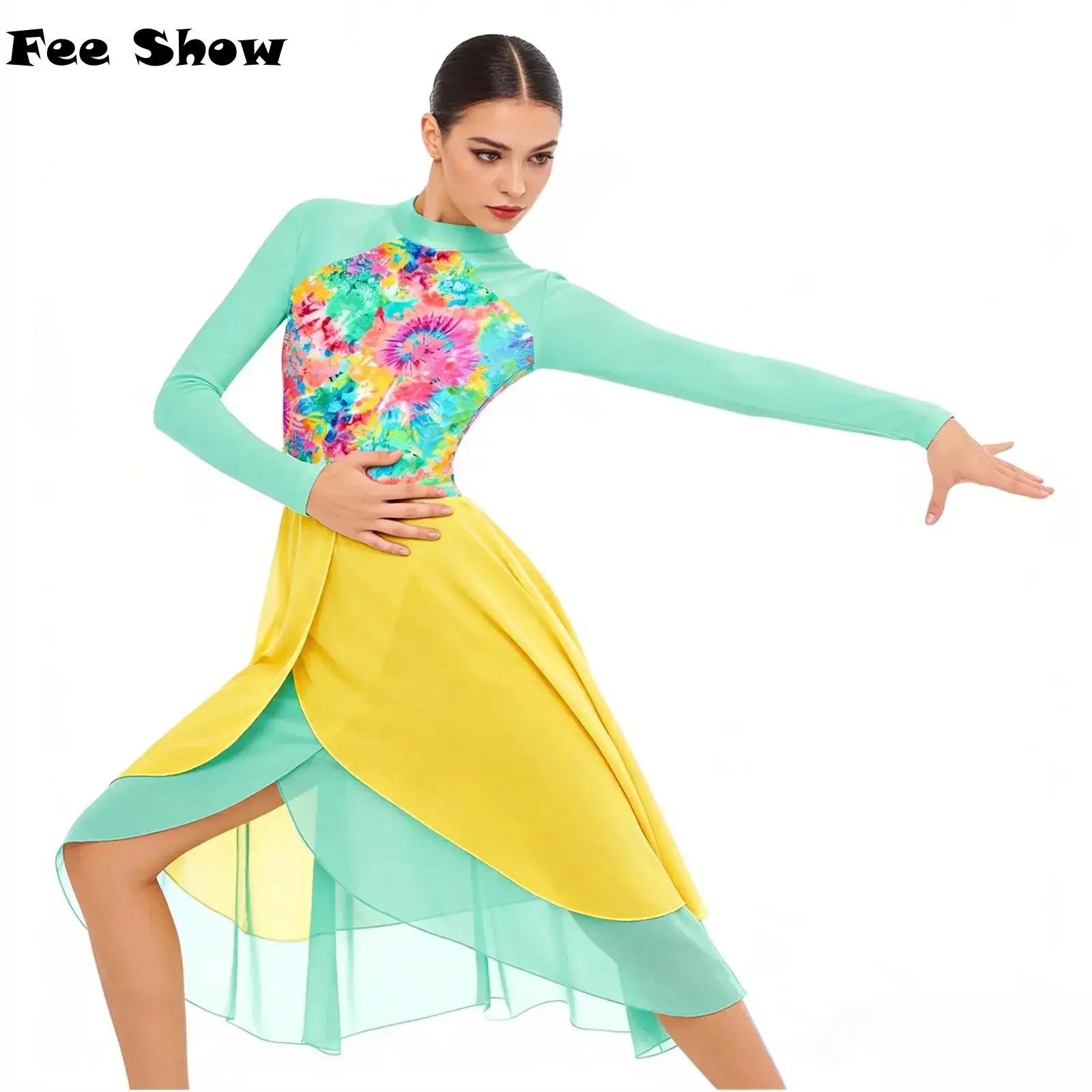 

Womens Worship Pray Ballet Lyrical Dance Costume Chest Printed Irregular Tiered Dress Church Praise Contemporary Dance Dress