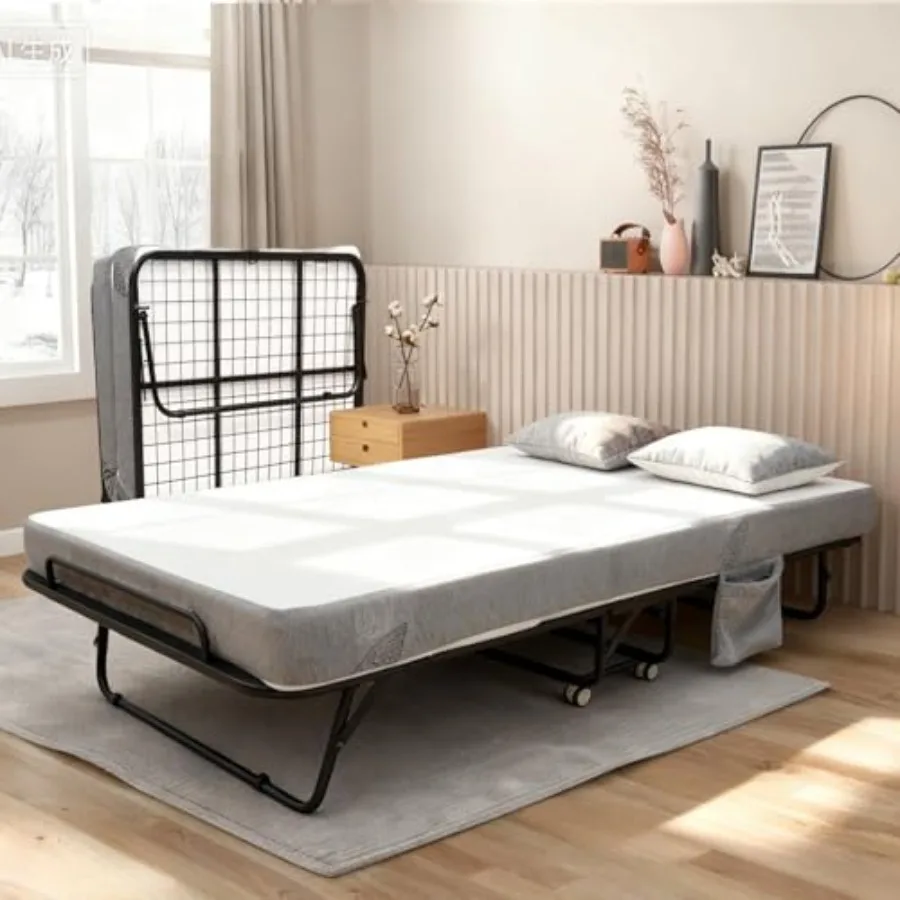 Folding Bed with 6 Inch Memory Foam Mattress for Guest Room or Dorm Use, Compact Rollaway Design in Gray, Easy Setup and Space-