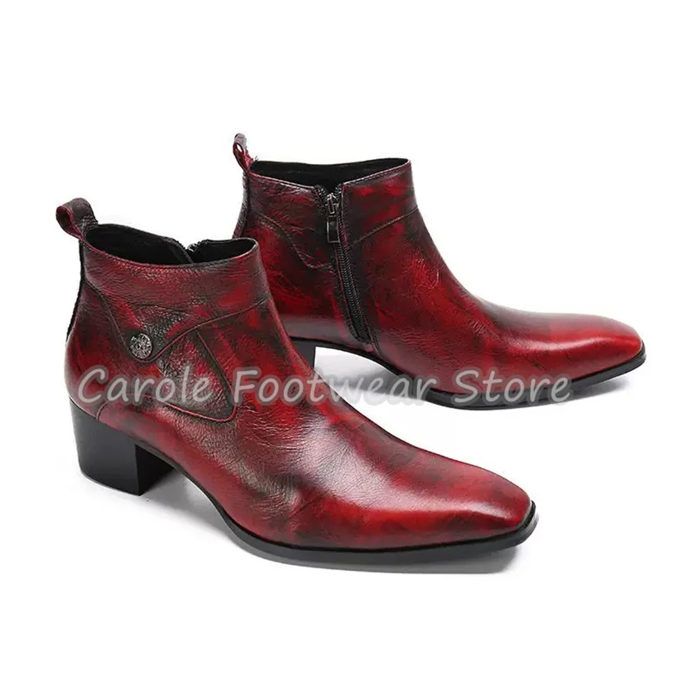 Vintage Square Toe Genuine Leather Ankle Boots Male High Top Chunky Heel Chelsea Boots Side Zipper Height-Increased Short Boots - view 2