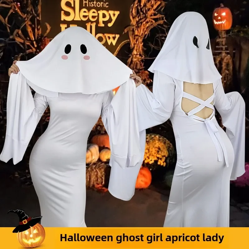 New Female Ghost Cosplay Costume Halloween Scare Smiley Black Eyes White Cinched Face Scream Costume Adult Fancy Dress