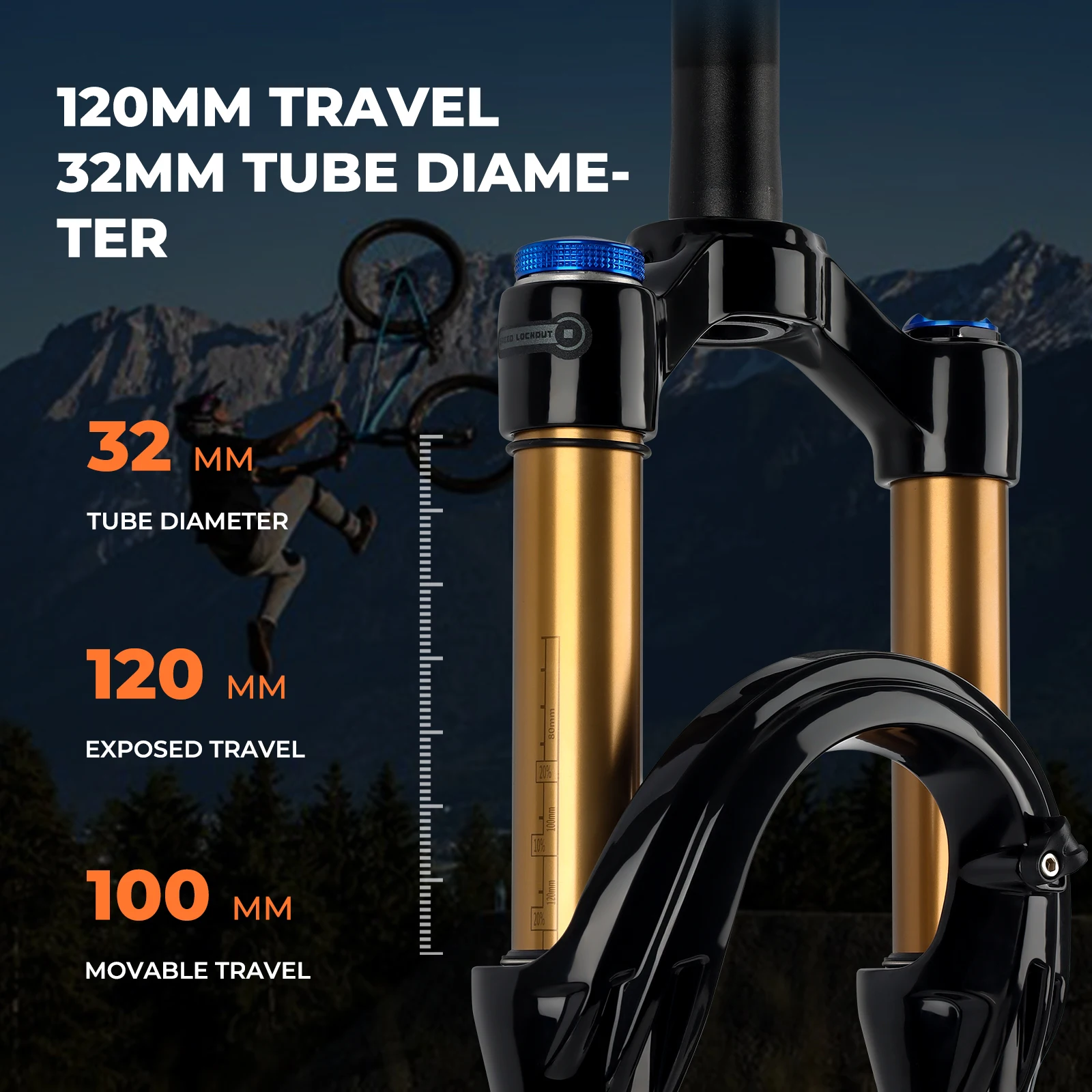 BOLANY-Fourche à air pour vélo de montagne orange, pièces de vélo en alliage de magnésium, suspension d'air, voyage 120mm, 27.5 po, 29 po, 32mm