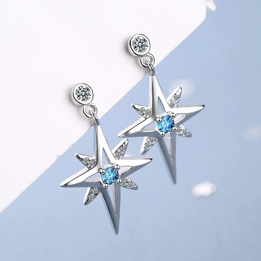 925 Sterling Silver Earrings, Shining Star Pendant Inlaid With Zircon Women's Earrings Elegant And Simple Party Wedding Jewelry