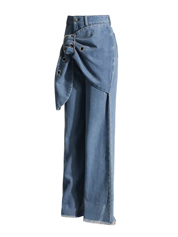 XIWEN-Vintage Jeans with Belt for Women, Bandage Patchwork, Monochrome, Wide Leg, Fashion Design, New, Autumn, New, XF1994