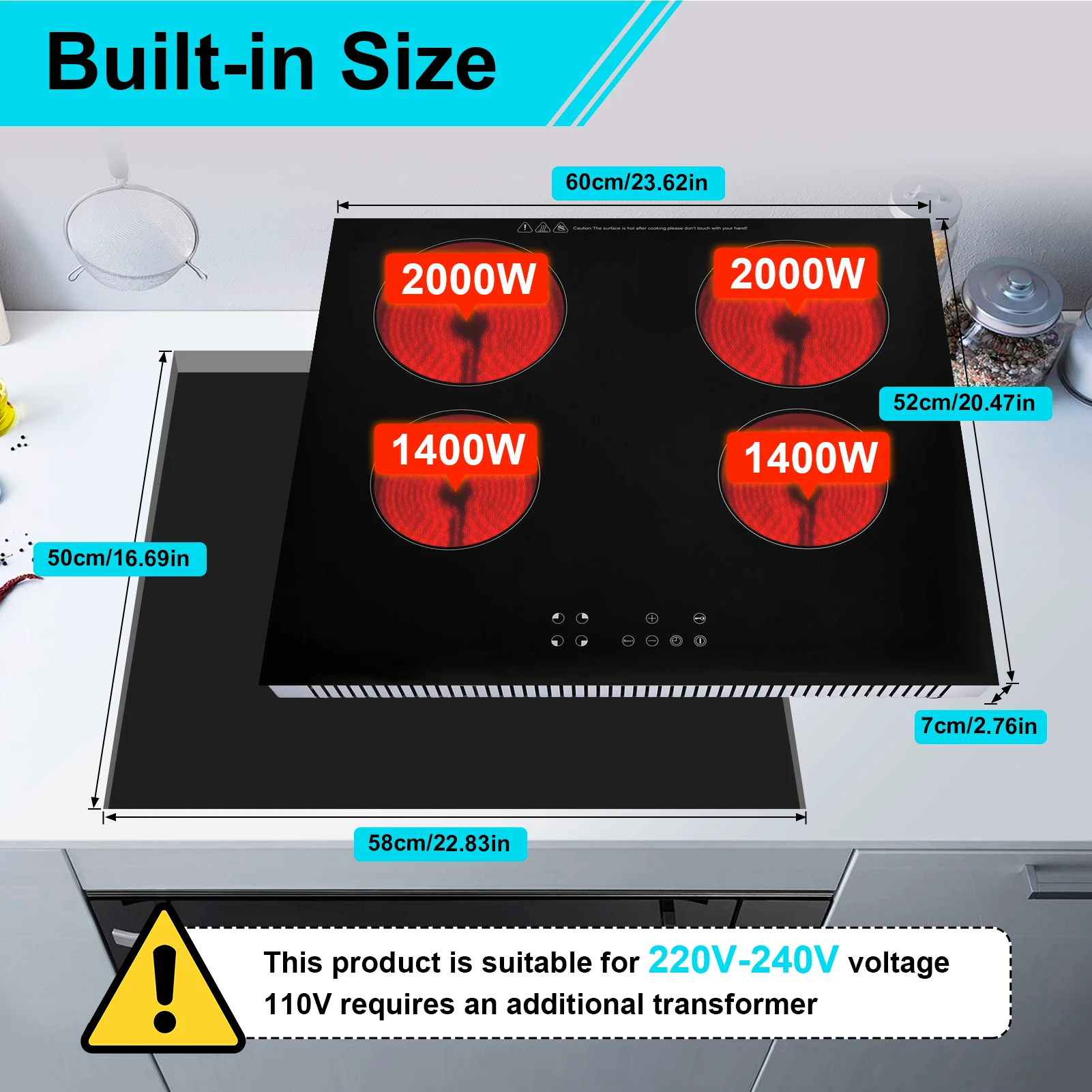 موقد الطبخ العلوي الكهربائي، طبق تسخين كهربائي 4 شعلات، التحكم باللمس 220-240 فولت موقد المطبخ لأواني الطبخ ذات درجة الحرارة العالية