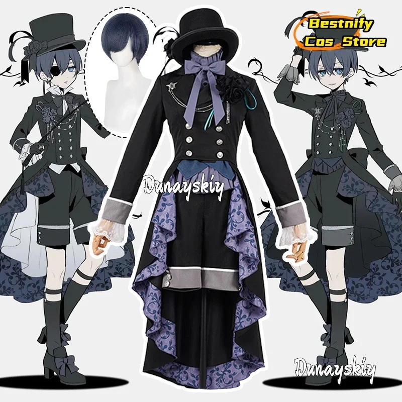 CosplayBlack Butler Ciel Phantomhive Cosplay Kostuum Middeleeuwse Vintage Kant Lange Top Shorts Uniform Anime Outfits Pruik Prop Roll-p