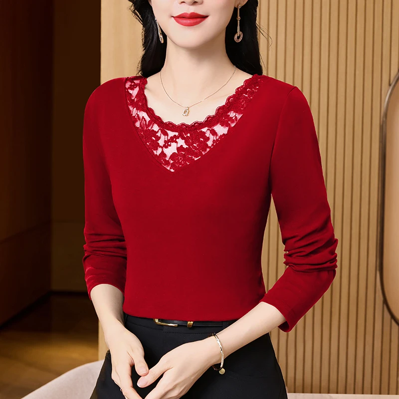 

2025 Autumn New Fashion Patchwork Lace Hollow Tops Korean Long Sleeve T Shirt Round Neck Casual Women Black Shirt