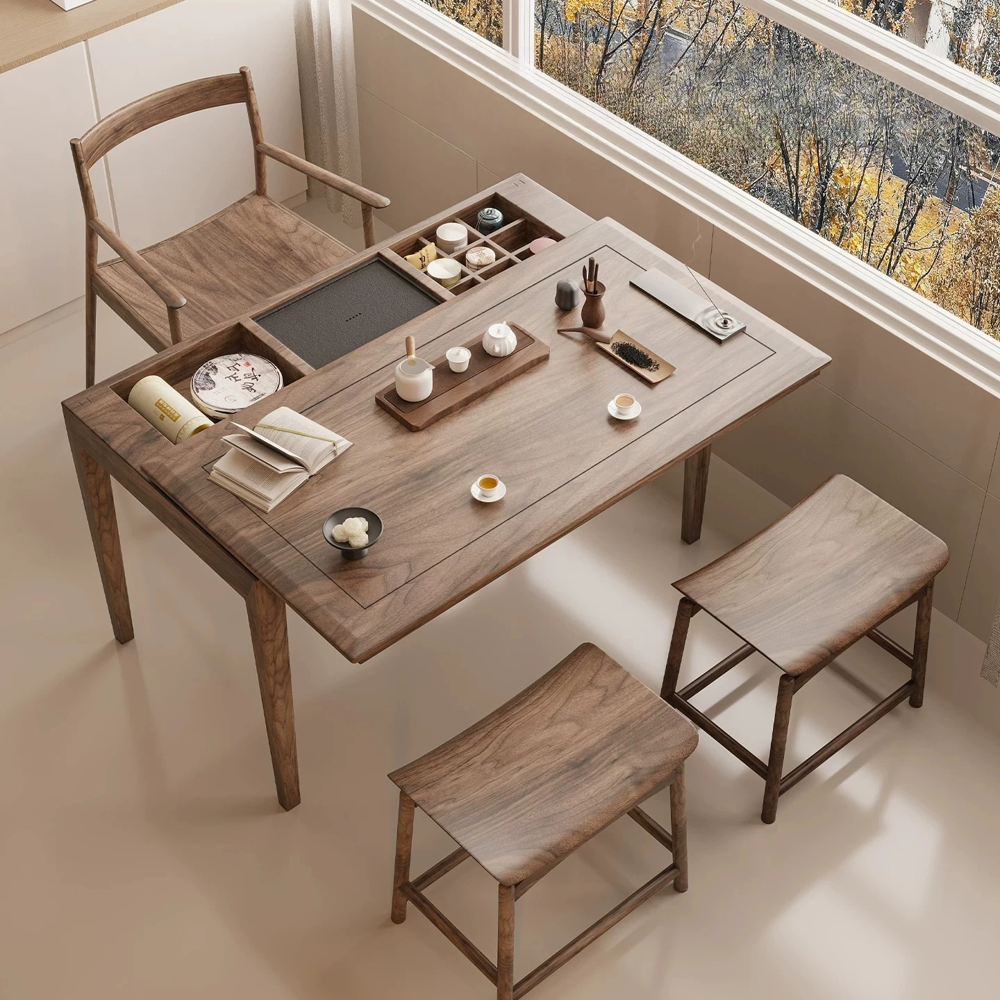 

DSA balcony tea table black walnut Song-style aesthetic office tea table dry and wet integrated dual-purpose push-pull desktop