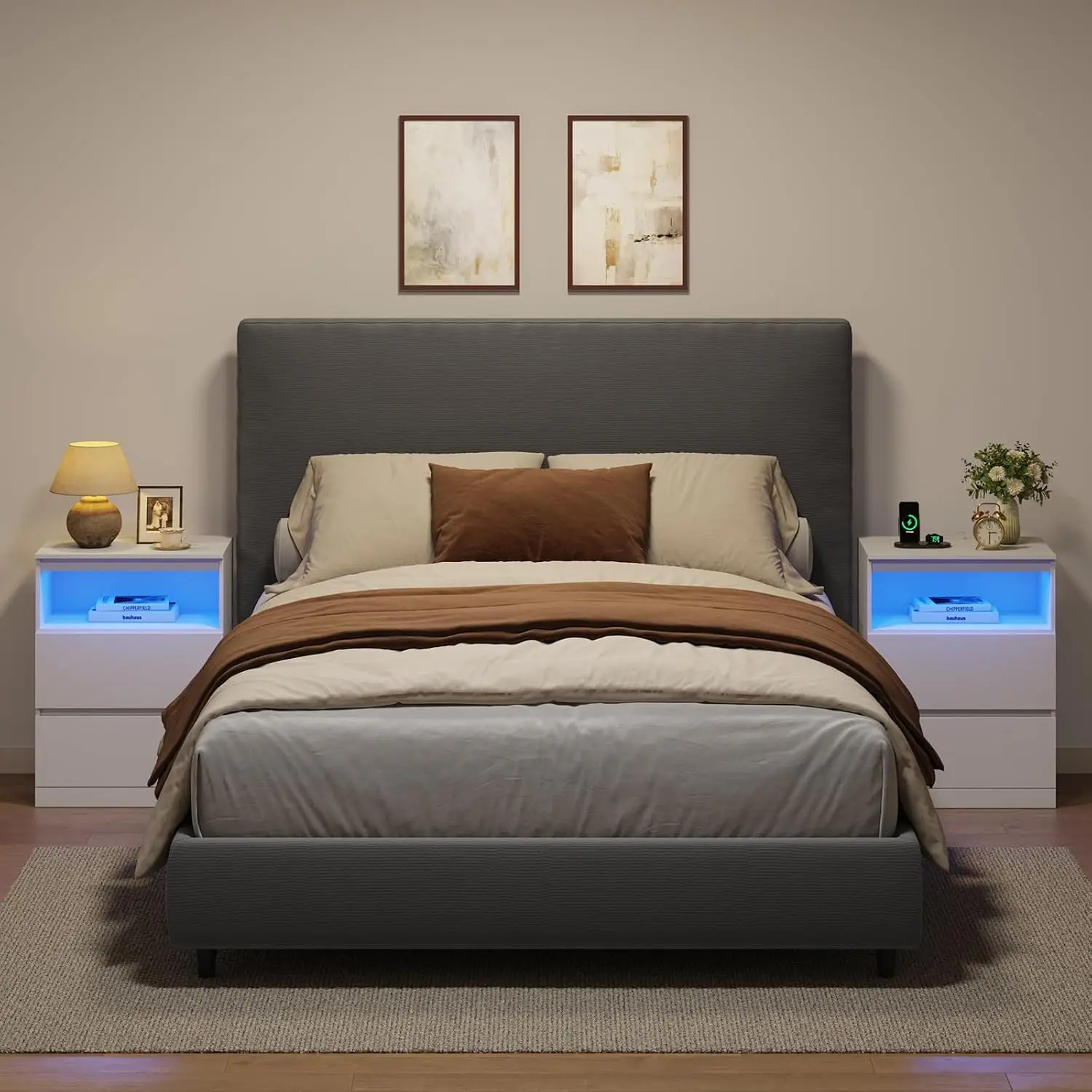 Nightstands Set of 2 with LED Lights, Bedside Table with Charging Station and Hidden Drawer, 3 Drawers, Modern Night Stand